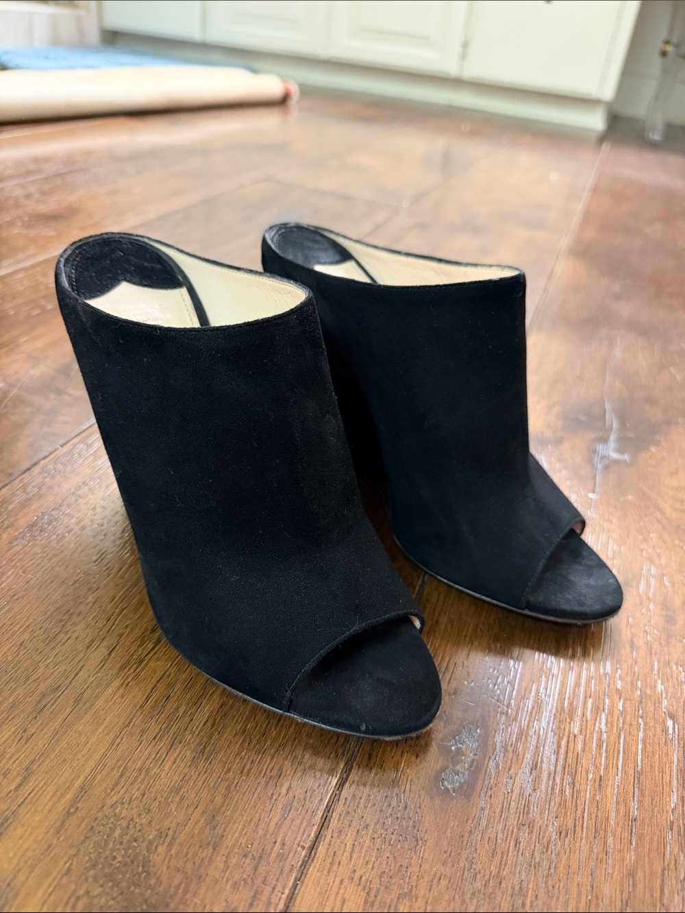 Prada - Women’s Black Suede Peep-Toe Wedge Bootie Mules Heel - Size: 38 - Picture 1 of 12